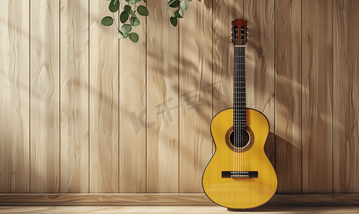 吉他背景摄影照片_古典吉他立在木墙上