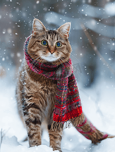 雪林里戴围巾的猫