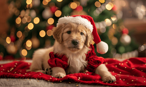 圣诞树背景上圣诞老人打扮的小狗圣诞节