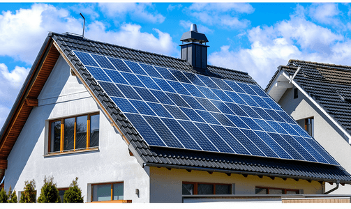 logo太阳能摄影照片_屋顶上有太阳能电池板的现代郊区房屋