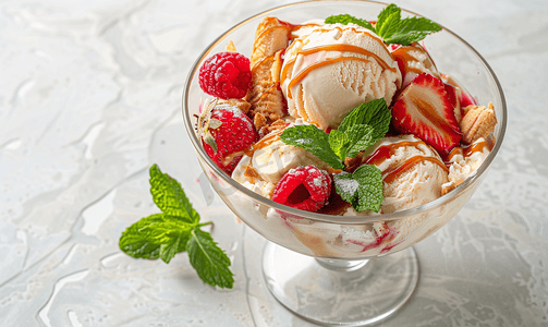 巧克力冰淇淋球摄影照片_香蕉冰淇淋焦糖草莓薄荷甜点