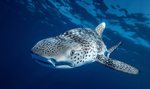深蓝色海洋上的斑马鲨肖像
