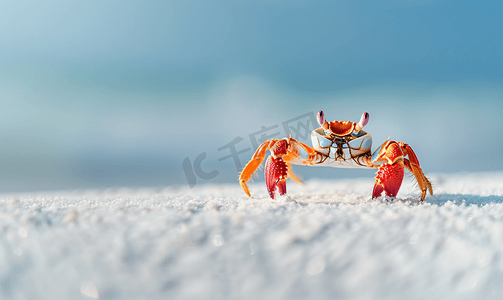 蓝色水鱼摄影照片_一只红色小螃蟹其壳在白沙上行走特写