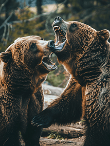 打架熊摄影照片_两只棕色灰熊在打架