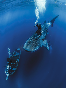 鲸鲨在水下接近深蓝色大海中一艘船下的水肺潜水员
