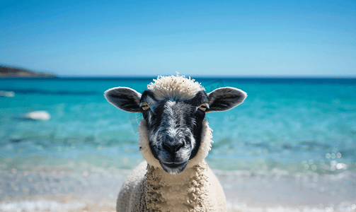 一只黑白相间的羊看着你在蓝色的大海背景中特写肖像