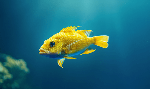 深蓝色汇报摄影照片_一条孤立的大唇黄鱼在深蓝色的大海中游动