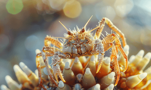 海滩螃蟹摄影照片_螃蟹上的海胆细节宏