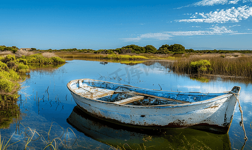 意大利撒丁岛沼泽中的一艘旧渔船