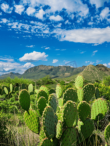 墨西哥蓝天仙人掌和仙人掌仙人掌的绿色景观