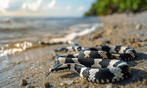 黑白海摄影照片_靠近海岸的有毒黑白海蛇