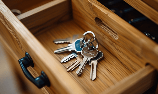 平面客厅摄影照片_打开抽屉里有一堆带钥匙链的门钥匙
