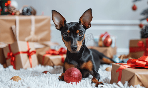 球节日摄影照片_有趣的狗迷你杜宾犬在礼品盒周围玩圣诞球的肖像