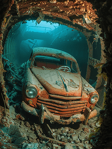战争的摄影照片_红海二战沉船内的旧车