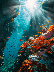 在墨西哥科尔特斯海的水下五彩缤纷的珊瑚礁中潜水