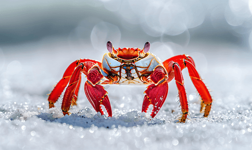 壳鱼摄影照片_一只红色小螃蟹其壳在白沙上行走特写