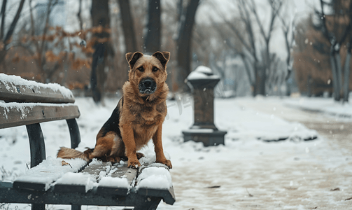 杂种摄影照片_冬雪公园里无家可归的杂种狗靠近瓮和长凳