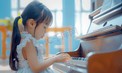 手绘女孩卡通摄影照片_小黑头发女孩在教育课上弹钢琴校对P