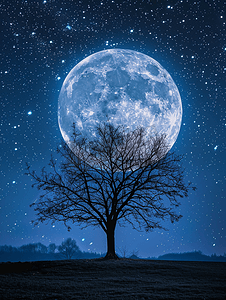 月光和星空中的树剪影