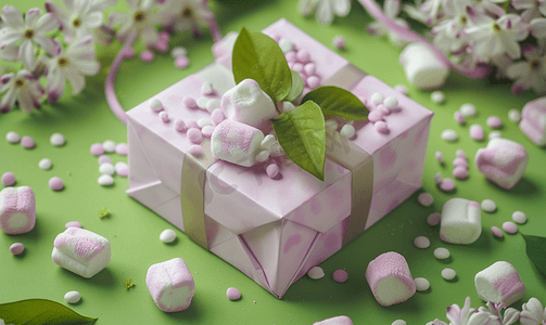 石灰背景上撒着棉花糖的花紫礼盒