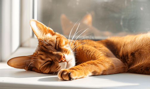 卡通可爱的小猫摄影照片_一只姜黄色的懒惰的阿比西尼亚猫睡在窗台上