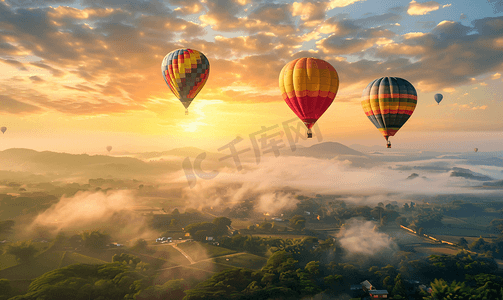 紫色气球摄影照片_清晨黄昏天空背景下气球飞行的空中美丽景观