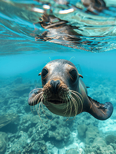 扁平潜水摄影照片_海狮海豹在加拉帕戈斯群岛潜水时