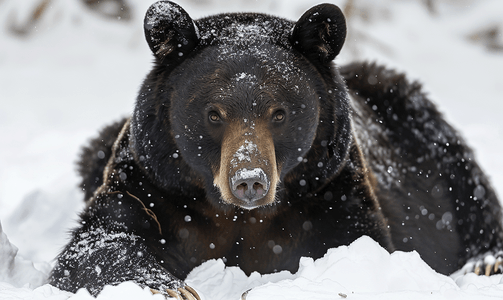 极性摄影照片_一只黑熊棕灰熊的肖像在雪地里看着你