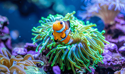 双足摄影照片_礁石背景上绿色海葵内的小丑鱼