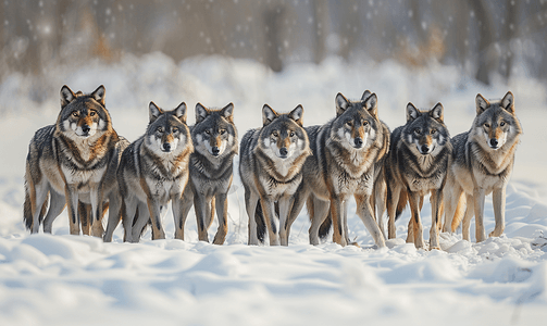 雪背景下的灰狼群