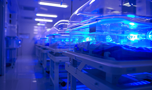 医疗中摄影照片_孵化器中紫外灯下的新生儿婴儿