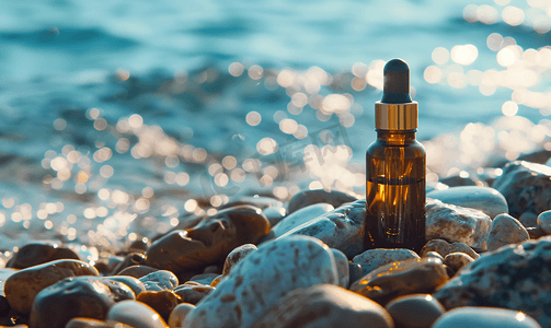 瓶身包装标签摄影照片_一个化妆品滴管瓶立在海边的石头上背景是大海