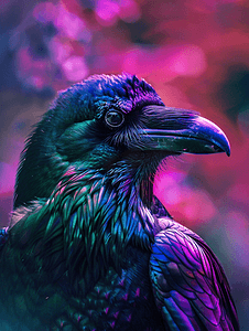 紫色优惠卷摄影照片_彩虹乌鸦肖像绿色和紫色羽毛肖像