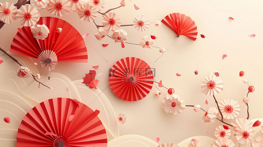红色扇背景图片_红色纸扇鲜花合成创意素材背景
