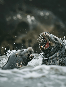 狮子打斗摄影照片_两只雄性海豹在打斗