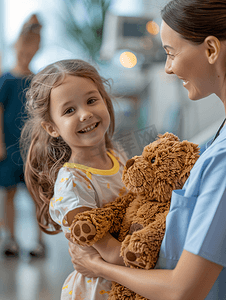 护士给医院中微笑的小女孩送泰迪熊给泰迪