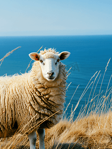 喇叭绿色摄影照片_蓝色大海和草地背景中的一只白色和棕色的绵羊