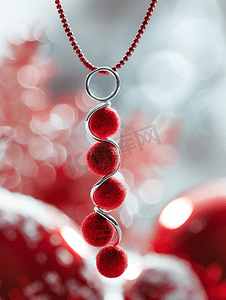 珠宝214摄影照片_红色丝球和银戒指制成的项链