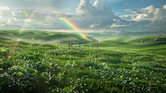 彩虹创意背景图片_草地鲜花彩虹合成创意素材背景