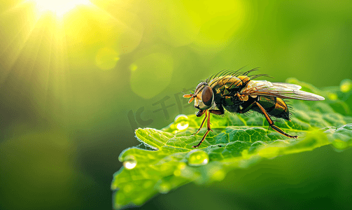 毛环在绿叶上飞舞阳光照在昆虫身上微距拍摄