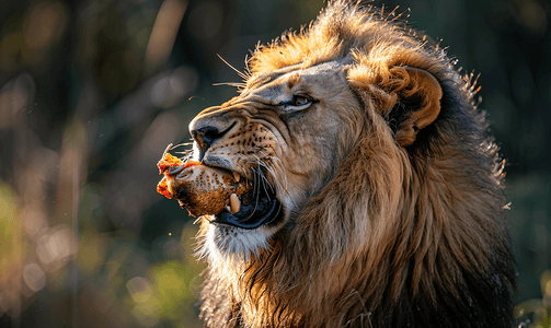 饥饿的狮子吞食鸡