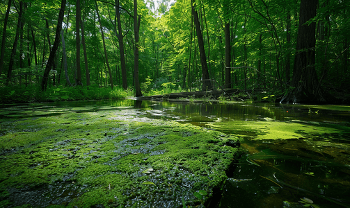 长满粘液和浮萍的森林池塘