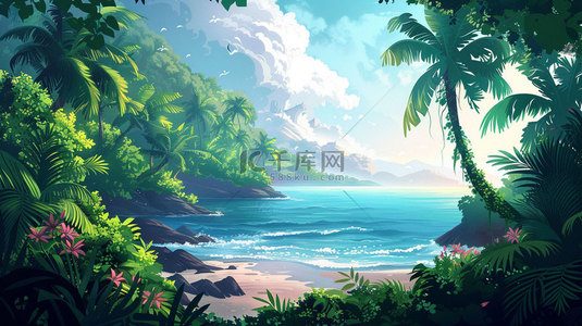 沙滩椰树背景图片_海面沙滩椰树合成创意素材背景