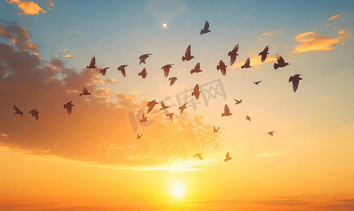 ai光线摄影照片_日落时飞翔的鸟群自由概念