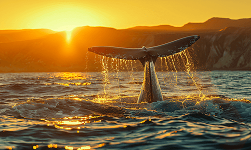 蓝色水下世界摄影照片_墨西哥南下加利福尼亚州日落时分蓝鲸尾巴是世界上最大的动物