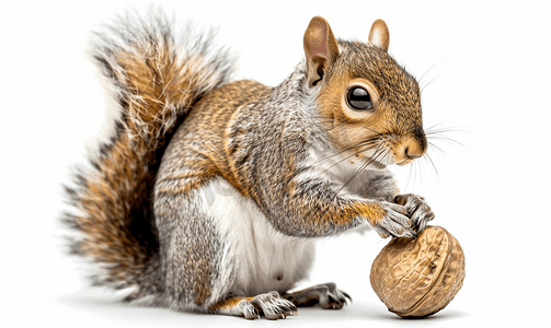 脊椎动物卡通摄影照片_孤立的灰松鼠拿着坚果