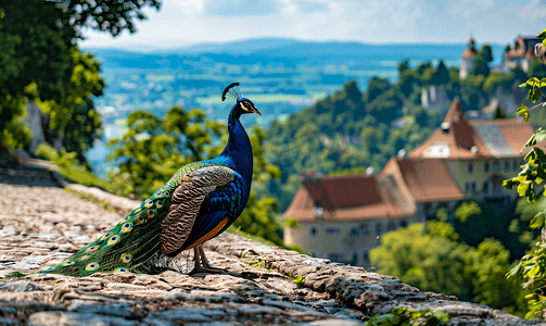 蓝色孔雀摄影照片_艾根伯格城堡格拉茨奥地利孔雀开轮