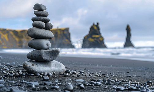 冰岛雷克雅未克海岸的平衡堆放石头