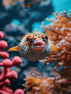 河豚河豚河豚摄影照片_礁石背景中的彩色球河豚鱼