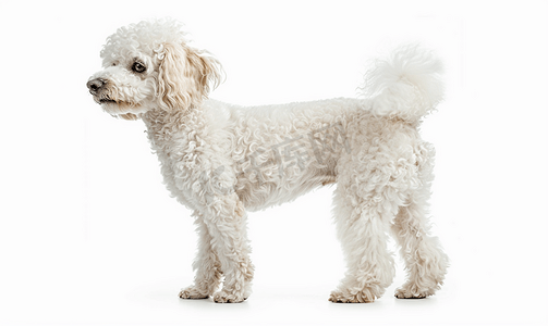动物狗狗的可爱摄影照片_白色背景上的拉斯塔贵宾犬白狗